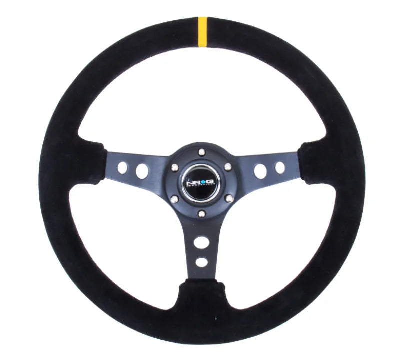NRG NRG Reinforced Steering Wheel (350mm / 3in. Deep) Blk Suede w/Circle Cut Spokes & Single Yellow CM