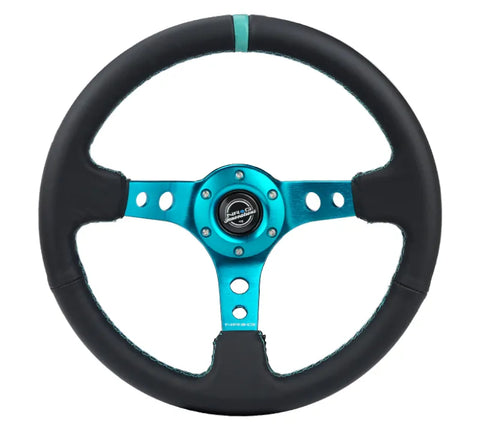 NRG NRG Reinforce Steering Wheel (350mm / 3in. Deep) Blk Leather, Teal Center Mark w/ Teal Stitching