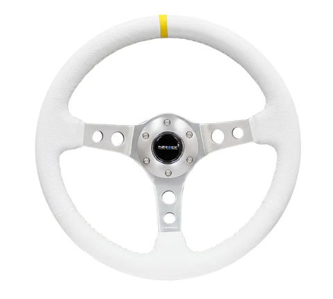 NRG NRG Reinforced Steering Wheel (350mm / 3in. Deep) Wht Leather w/Silver Spoke & Single Yellow Mark