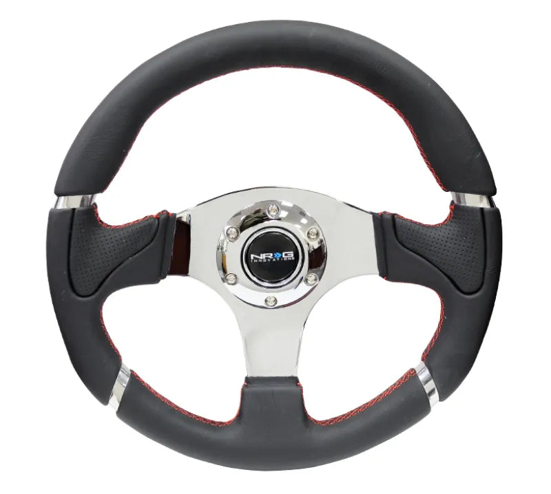 NRG NRG Reinforced Steering Wheel (320mm) Blk Leather/Red Stitching w/Chrome 3-Spoke Center