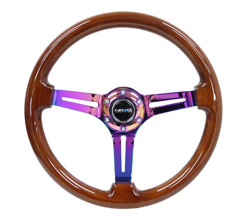 NRG NRG Reinforced Steering Wheel (350mm / 3in. Deep) Brown Wood w/Blk Matte Spoke/Neochrome Center Mark