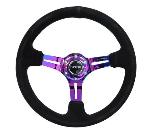 NRG NRG Reinforced Steering Wheel (350mm / 3in. Deep) Blk Suede/Red Stitch w/Neochrome Slits