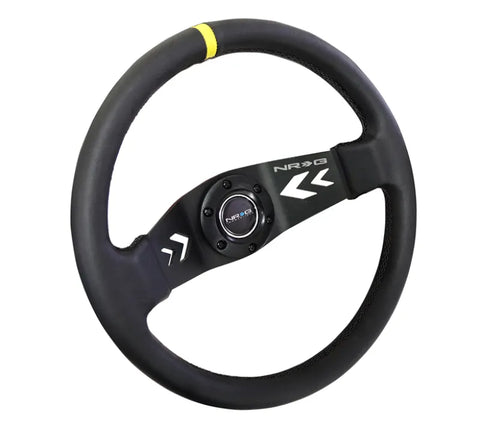NRG NRG Reinforced Steering Wheel (350mm / 3in Deep) Blk Leather w/NRG Arrow-Cut 2-Spoke & Sgl Yellow CM