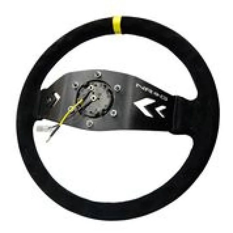 NRG NRG Reinforced Steering Wheel (350mm / 3in. Deep) Blk Suede w/NRG Arrow Cut 2-Spoke & Yellow Mark