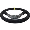 NRG NRG Reinforced Steering Wheel (350mm / 3in. Deep) Blk Suede w/NRG Arrow Cut 2-Spoke & Yellow Mark