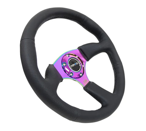 NRG NRG Reinforced Steering Wheel (350mm / 2.5in. Deep) Leather Race Comfort Grip w/4mm Neochrome Spokes