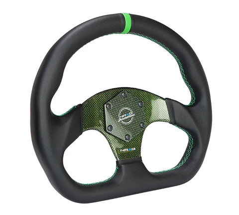 NRG NRG Carbon Fiber Flat Bottom Steering Wheel (320mm) Green CF Center w/Green Stitch/Center Mark