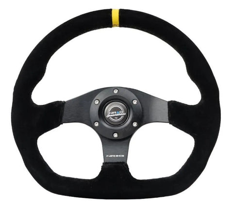 NRG NRG Reinforced Steering Wheel (320mm) Sport Suede Dual Push Buttons Flat Bottom w/ Yellow Center