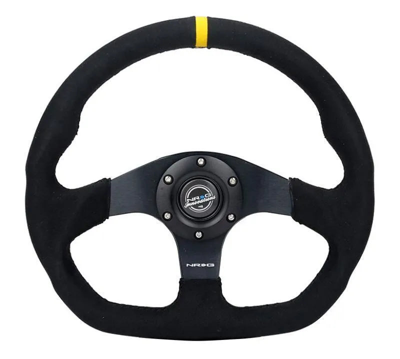 NRG NRG Reinforced Steering Wheel (320mm) Sport Alcantara Dual Push Buttons Flat Bottom w/Yellow Center