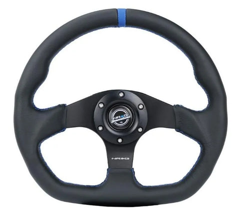 NRG NRG Reinforced Steering Wheel (320mm) Sport Leather Flat Bottom w/ Blue Center/ Blue Stitching