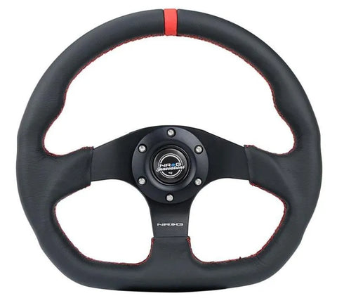 NRG NRG Reinforced Steering Wheel (320mm) Sport Leather Flat Bottom w/ Red Center Mark/ Red Stitching