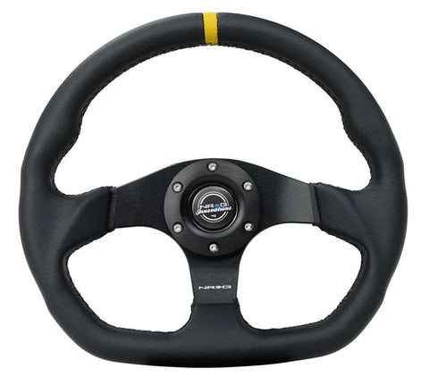 NRG NRG Reinforced Steering Wheel (320mm) Sport Leather Flat Bottom w/ Yellow Center Mark