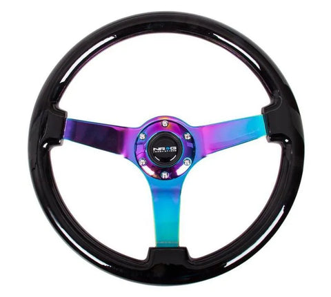 NRG NRG Reinforced Steering Wheel (350mm / 3in Deep) Classic Blk Wood Grain w/Neochrome 3-Spoke Center