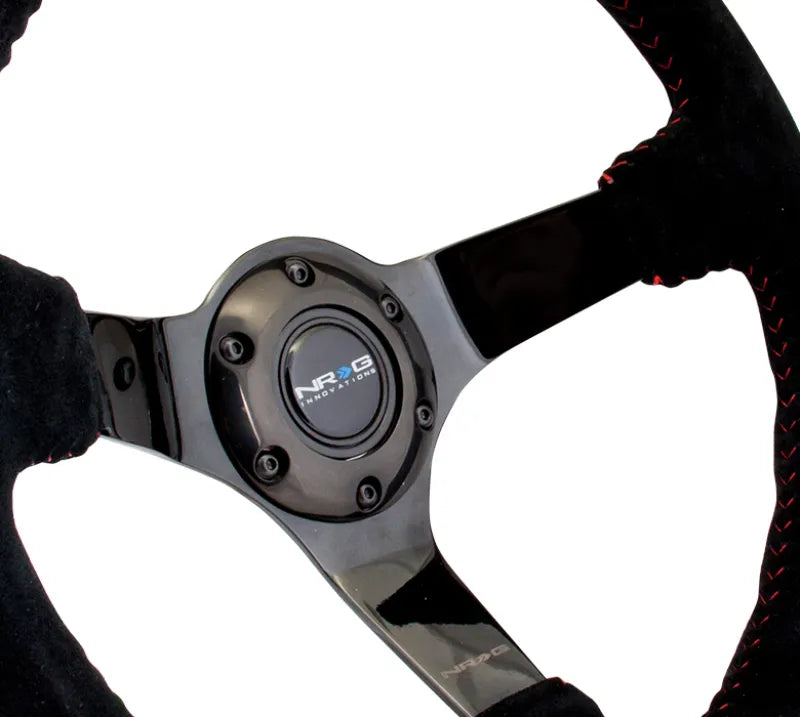 NRG NRG Reinforced Steering Wheel (350mm / 3in. Deep) Blk Suede w/Red BBall Stitch & Black 3-Spoke