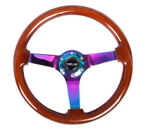 NRG NRG Reinforced Steering Wheel (350mm / 3in. Deep) Classic Dark Wood w/4mm Neochrome Solid 3-Spoke