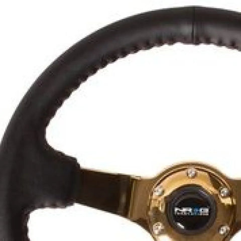 NRG NRG Reinforced Steering Wheel (3in Deep / 4mm) 350mm Blk Leather w/Red BBall Stitch & Gold Spoke