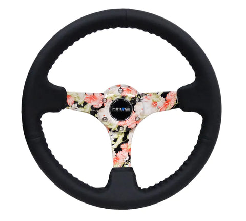 NRG NRG Reinforced Steering Wheel (350mm / 3in. Deep) Blk Leather Floral Dipped w/ Blk Baseball Stitch