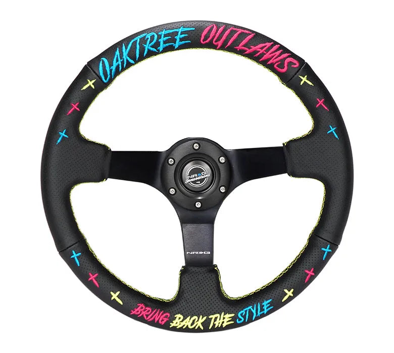 NRG NRG Reinforced Steering Wheel - Oak Tree Outlaws 3in Deep/5mm Blk Spk 350mm Wheel - Blk Perf Lthr