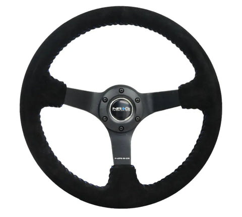 NRG NRG Reinforced Steering Wheel (350mm / 3in. Deep) Blk Suede/Blue BBall Stitch w/5mm Matte Blk Spokes