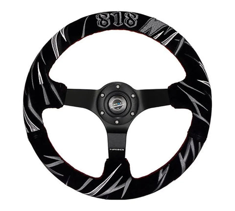 NRG NRG Reinforced Steering Wheel (3in. Deep) Jeff Jones Sig Blk Suede, Red Stich, Car Livery Embroidery
