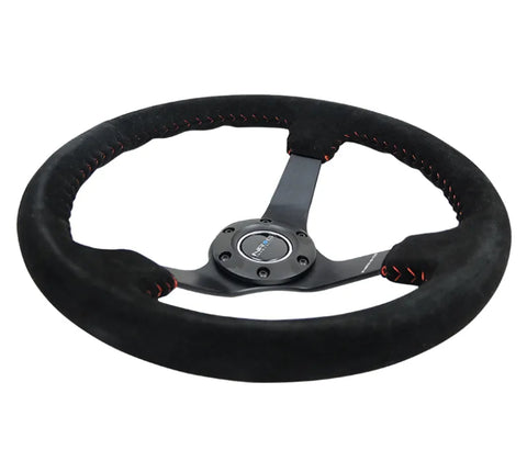NRG NRG Reinforced Steering Wheel (350mm / 3in. Deep) Blk Suede/Red BBall Stitch w/5mm Matte Blk Spokes (image 2)