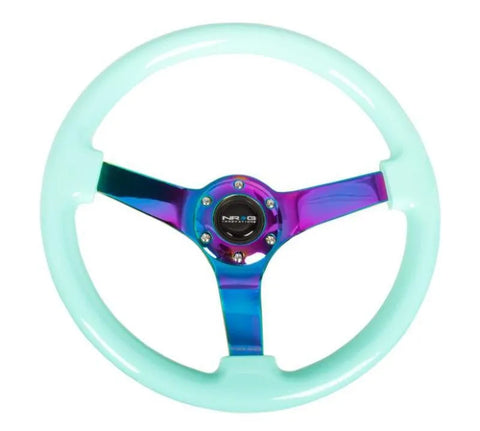 NRG NRG Reinforc Steering Wheel (350mm / 3in. Deep) Minty Fresh Wood Grain w/Neochrome 3-Spoke Center