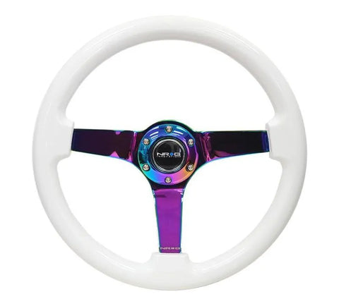 NRG NRG Reinforced Steering Wheel (350mm / 3in. Deep) Classic White w/4mm Neochrome Solid 3-Spoke