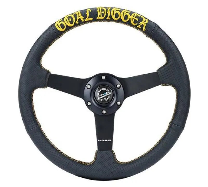NRG NRG Sport Steering Wheel (350mm / 1.5in Deep) Black Leather/Gold Stitch w/Matte Black Solid Spokes
