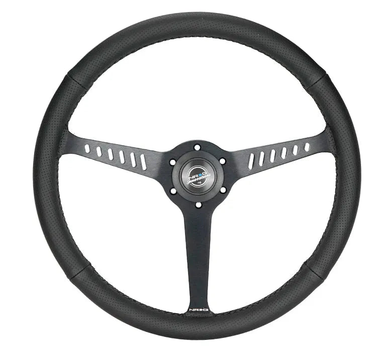 NRG NRG Reinforced Stealth Wheel (380mm) 3 Spoke Center 1in Deep Dish - Perforated Leather Black Stitch