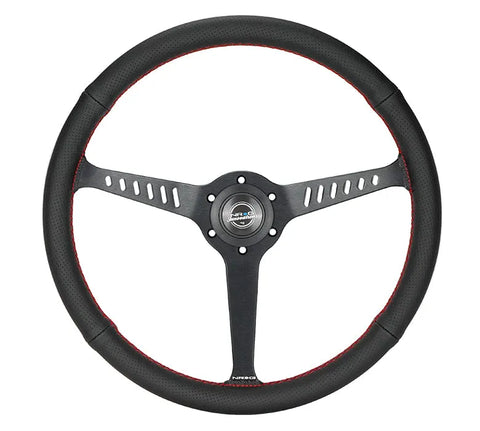 NRG NRG Reinforced Stealth Wheel (380mm) 3 Spoke Center - 1in Deep Dish - Perforated Leather Red Stitch