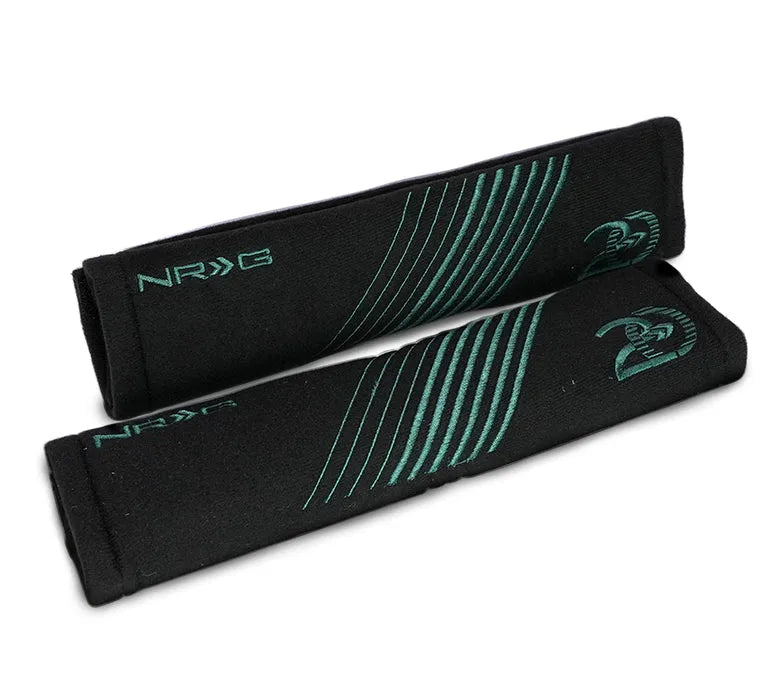 NRG NRG Seat Belt Pads - 20 Year Anniversary - 11in. Length Black w/ Emerald Green Stitching - 2pc