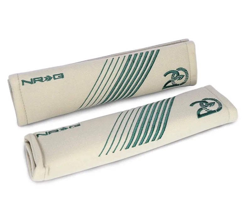 NRG NRG Seat Belt Pads - 20 Year Anniversary - 11in. Length Silver w/ Emerald Green Stitching - 2pc
