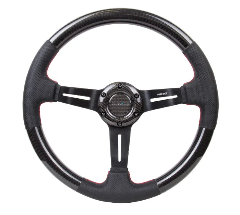 NRG NRG Carbon Fiber Steering Wheel (350mm /1.5in. Deep) Leather Trim w/Red Stitch & Slit Cutout Spokes