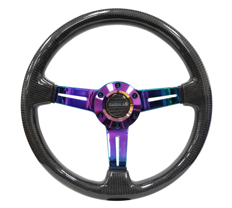 NRG NRG Carbon Fiber Steering Wheel (350mm / 1.5in. Deep) Neochrome 3-Spoke Design w/Slit Cuts