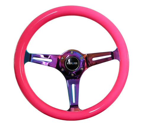NRG NRG Classic Wood Grain Steering Wheel (350mm) Neon Pink Painted Grip w/Neochrome 3-Spoke Center