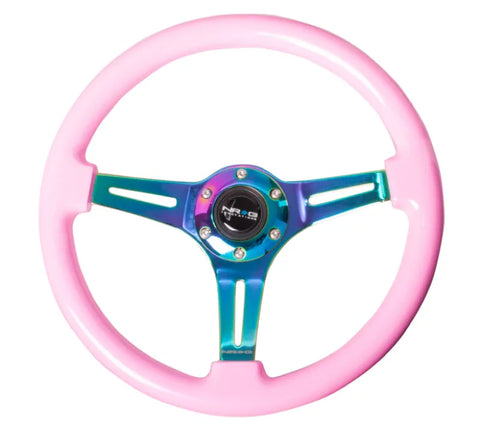 NRG NRG Classic Wood Grain Steering Wheel (350mm) Solid Pink Painted Grip w/Neochrome 3-Spoke Center