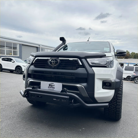 White toyota hilux with black nudge bar lower style compatible with front camera and sensors on front bumper