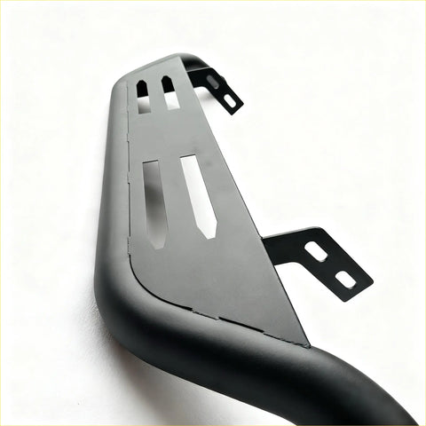 Black matte metal rear rack with mounting brackets and rectangular cutouts for nudge bar front sensors mazda bt-50 2021+