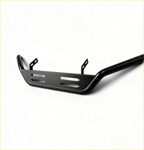 Black matte metal nudge bar with mounting brackets and slotted cutouts for mazda bt-50 2021+ front sensors