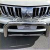 Shiny chrome steel nudge bar with front sensor compatibility mounted on white mitsubishi triton 2005-2015