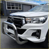 Chrome finished steel nudge bar with front sensor compatibility mounted on white toyota hilux 2015-2025 pickup truck