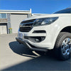 White toyota hilux with a black metal nudge bar for holden colorado 2012-2020 and chrome grille accents
