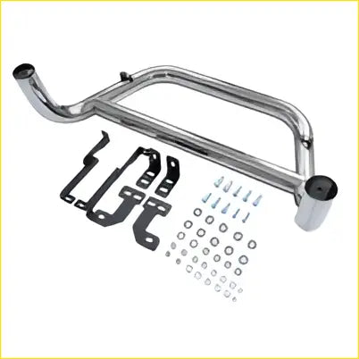 Chrome finished metal nudge bar for toyota prado fj120 2002-2009 with black brackets and silver stainless steel grill guard