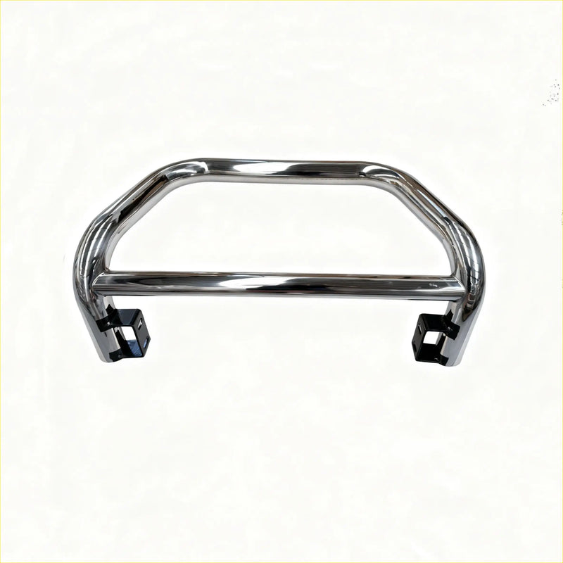 Chrome finished metal nudge bar for triton 2019-2023 with black mounting brackets front bumper guard