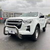 White isuzu d-max 2021-2023 with chrome nudge bar and bull bar showing front side of the pickup truck