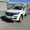 White holden colorado utility truck with a black lower nudge bar and chrome grille from 2012 to 2020 model