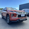 A matte orange mitsubishi triton pickup with a black nudge bar lower style bumper guard for 2019-2023 models