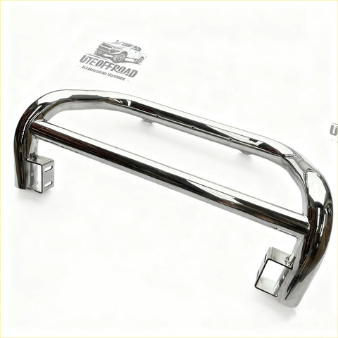 Chrome finished medium nudge bar for Mazda BT-50 2021+ with sleek curved design and sturdy mounting brackets