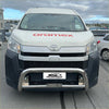 Silver chrome nudge bar bumper guard mounted on white toyota hiace van 2019+ front view
