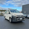 White Toyota Hiace van with black front bumper guard and roof rack featuring chrome nudge bar for 2019+ models
